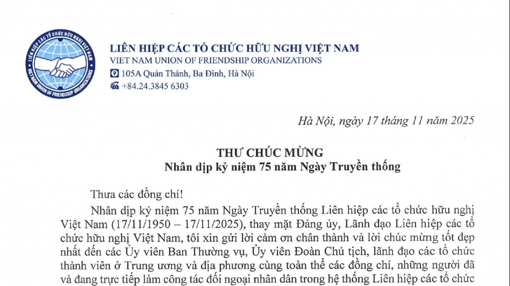 លិខិតអបអរសាទរពីប្រធានសហភាពអង្គការមិត្តភាពវៀតណាម
