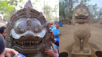 ក្រុមរុករកប្រទះឃើញ បដិមា «តោ ឬរាជសីហ៍» ចំនួន៤ ដែលកប់ក្នុងដីរាប់រយឆ្នាំនៅកំពង់ទឹកបារាយ នៃប្រាសាទបន្ទាយឆ្មារ