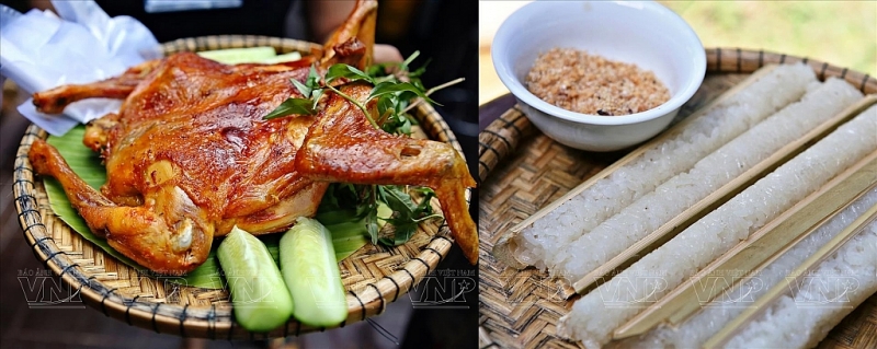 បាយ​ក្រឡាន​និង​មាន់អាំង​ ជា​ម្ហូបពិសេស​នៅ​តំបន់តីង្វៀន​ (Tay Nguyen)។​