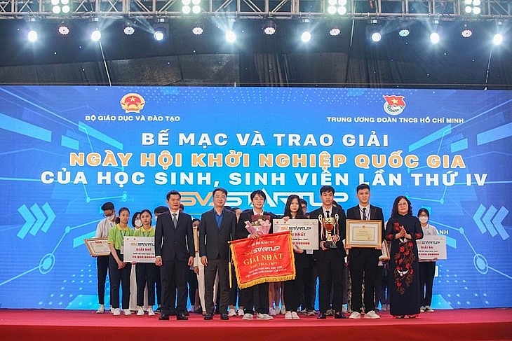 អនុរដ្ឋមន្ត្រី លោកស្រី Ngo Thi Minh ប្រគល់រង្វាន់លេខ ១ ដល់សិស្សានុសិស្ស (រូបថត៖ tuoitrethudo.com.vn)