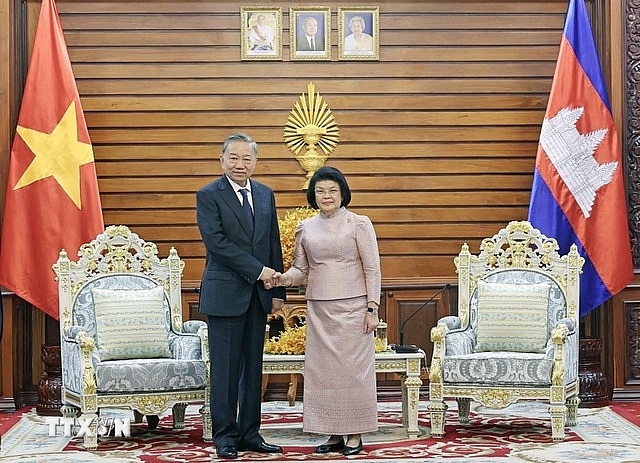លោកប្រធានរដ្ឋ To Lam ជួបសវនាការជាមួយលោកស្រី ឃួន សុដារី ប្រធានរដ្ឋសភាកម្ពុជា។​ (រូបថត៖ TTXVN)