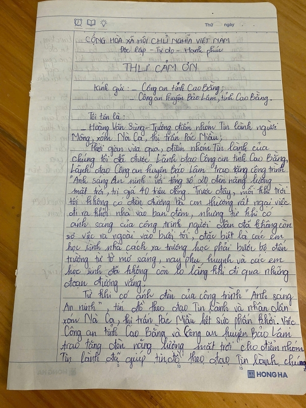 លិខិតថ្លែងអំណរគុណរបស់លោក Hoang Van Sung ប្រធានក្រុមប្រូតេស្តង់ជនជាតិ Hmong នៅភូមិ Na Ca។