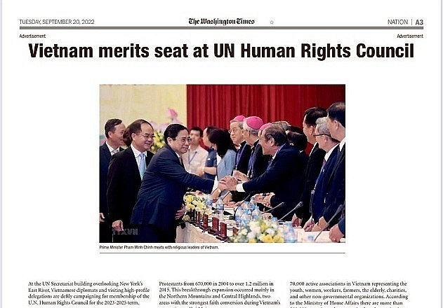 កាសែត Washington Times របស់សហរដ្ឋអាមេរិក បានចុះផ្សាយពេញមួយទំព័រដើម្បីគាំទ្របេក្ខភាពរបស់វៀតណាមសម្រាប់ក្រុមប្រឹក្សាសិទ្ធិមនុស្សអង្គការសហប្រជាជាតិ (ប្រភព៖ baoquocte.vn)