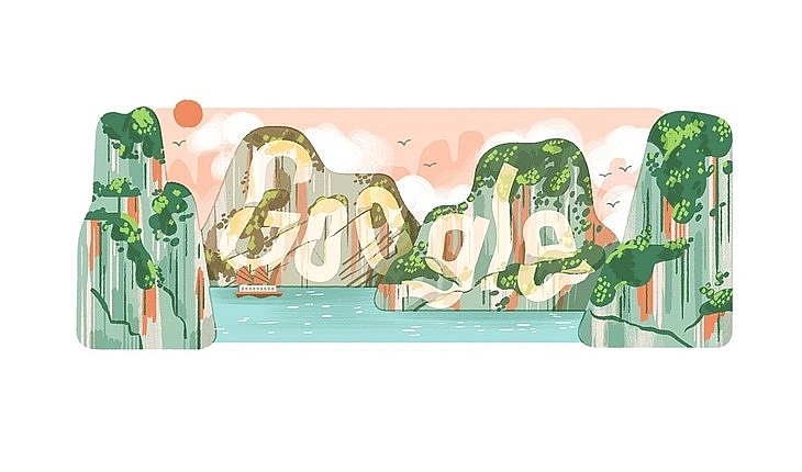 Google Doodles បង្ហាញនូវជ្រុងមួយនៃឈូងសមុទ្រ Ha Long ដោយមានកប៉ាល់ឆ្លងកាត់ និងហ្វូងសត្វស្លាបហោះហើរលើផ្ទៃមេឃ។